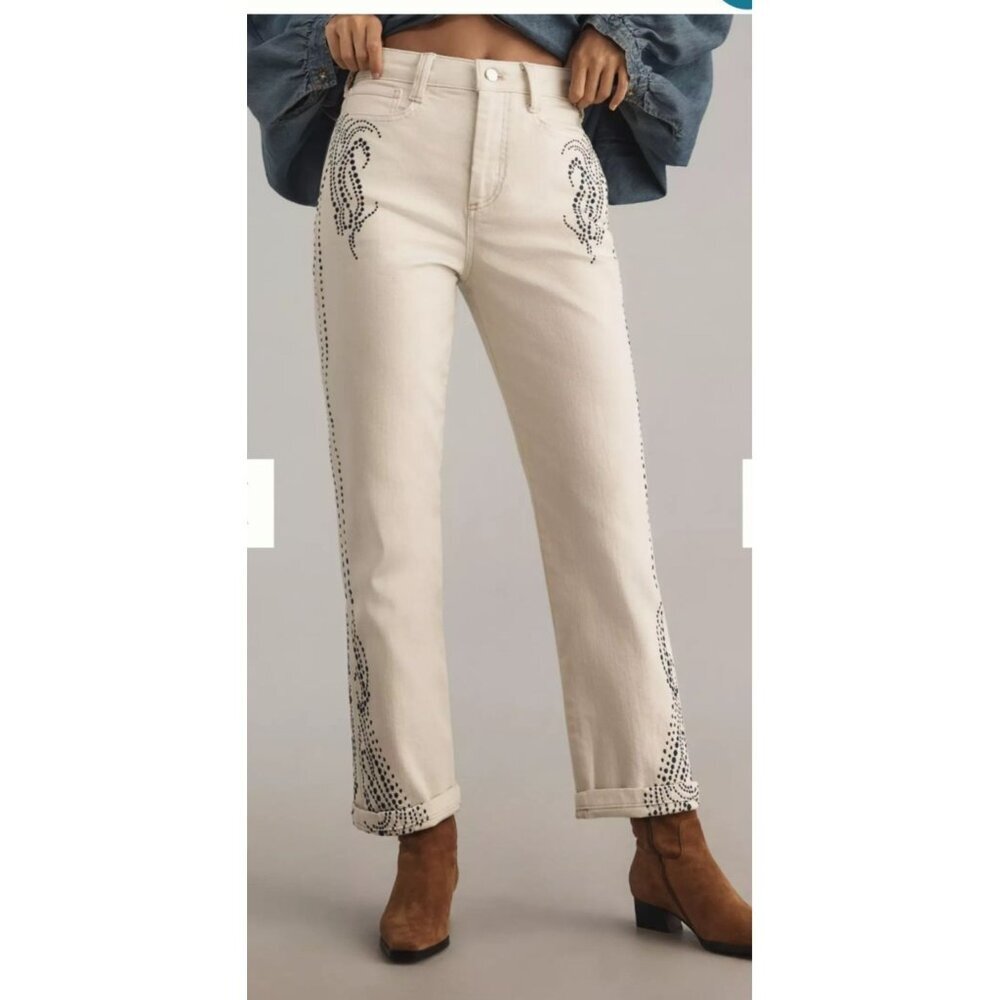 Pilcro Slim Slouch MidRise Straight-Leg Jeans Size 31 White‎ Blue Embroidery